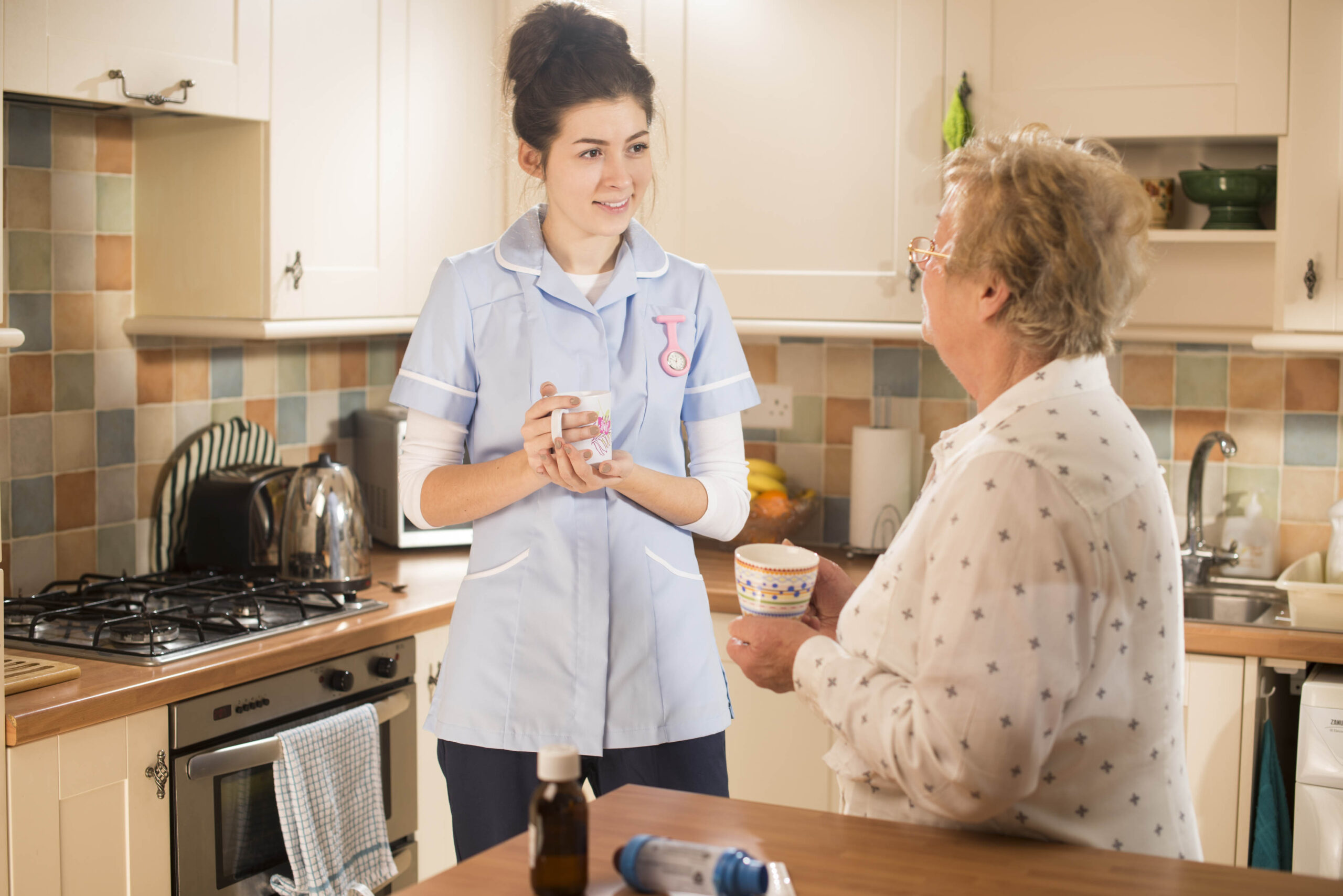 senior woman chats to care worker